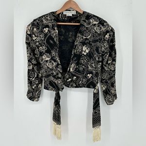 Norma Walters Vintage Black/Tan Floral 100% Silk Cropped Wrap Top Blouse Sz 12